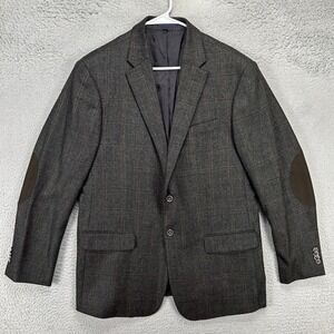 Jos. A. Bank Brrr Wool Blazer Sport Coat Mens 42R Green Gray Plaid Elbow‎ Patch